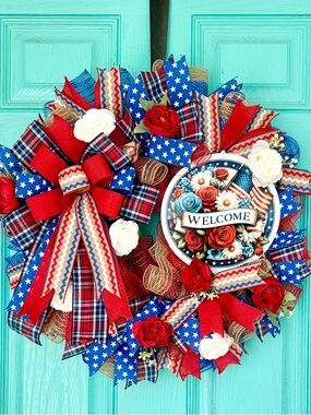 Patriotic Red, White & Blue Welcome Wreath - Home Holiday